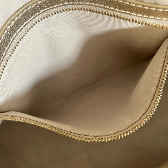 Tory Burch Golden Metallic Travel Tote Bag leather embossed logo lined - Picture 10 of 16
